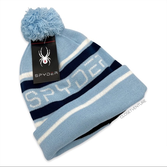 Spyder Accessories - Spyder Jacquard Logo Blue Striped Fleece Lined Pom-Pom Beanie Hat Women’s OS